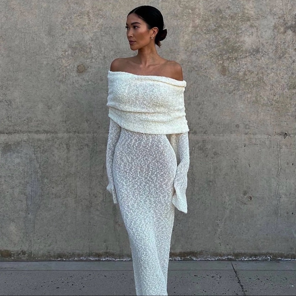 MESHKI Marisol Off Shoulder Boucle Maxi Dress - Ivory